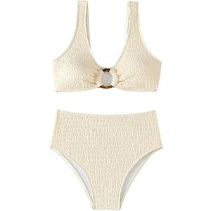 Milumia Women's 2 Piece High Waisted Bikini Sets Ring Linked V Neck Tummy Control Swimsuits (Large, Beige)