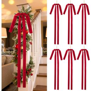 6 Pcs Long Velvet Christmas Swag Bows, 23.5"x15.5" Rustic Vintage Velvet Bows for Christmas Tree, Wreath, Staircase, Garland, Mantel and Door Decor (6, Red)