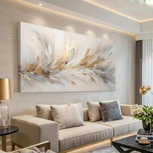 ONEOLTN 3D Textures Large Abstract Wall Art Modern Elegant Golden Feather for Living Room Bedroom Office Wall Decor Canvas Print Painting Luxury Minimalist Art Feather Pictures 24x48In