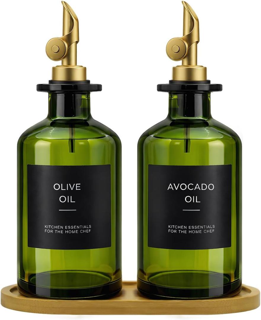 Olive Oil Dispenser Set, 2 x 11.8oz Deep Green Glass Bottles with Auto-Flip Spouts & 2 Capped Spare Spouts, Bamboo Tray, Oil & Vinegar Cruet (Green)