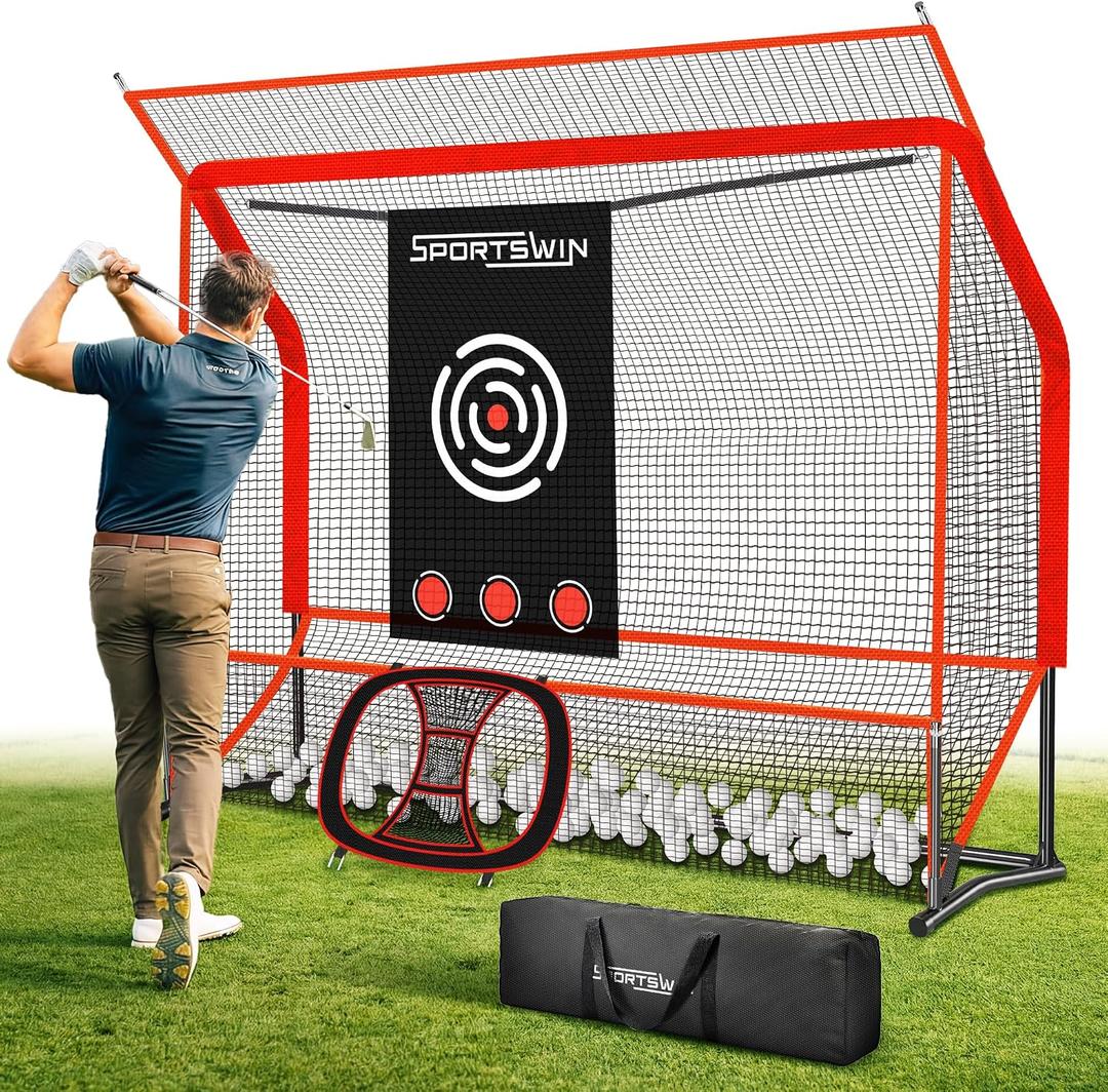 Golf Practice Net Set 10x7.5FT, Heavy Duty Golf Hitting Net for Backyard & Indoor Training, Golf Swing Practice Net with Ball Return System, Extended Top Barrier, Target Cloth & Carry Bag.