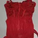 Vicarly Sexy Corset Bodycon Ruffle Floral Lace Sheer Mesh Underwire Babydoll Lingerie Dress Set 2 Piece with Thong Women See Through Ruched Chemise Negligee Wine Red X-Large