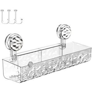 Shower Caddy Wall Mounted Suction Cup Storage Holder Shower Rack Large Organizer Bathroom Shelf No-drilling Shower Shelves with 4 Movable Hooks Wall Shelf Basket Rack (rectangular clear)