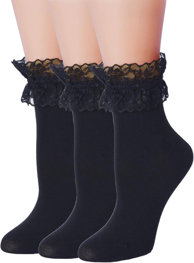 Women Lace Ruffle Socks Fashion Fancy Lovely Girl Socks 3 Pairs (Black)