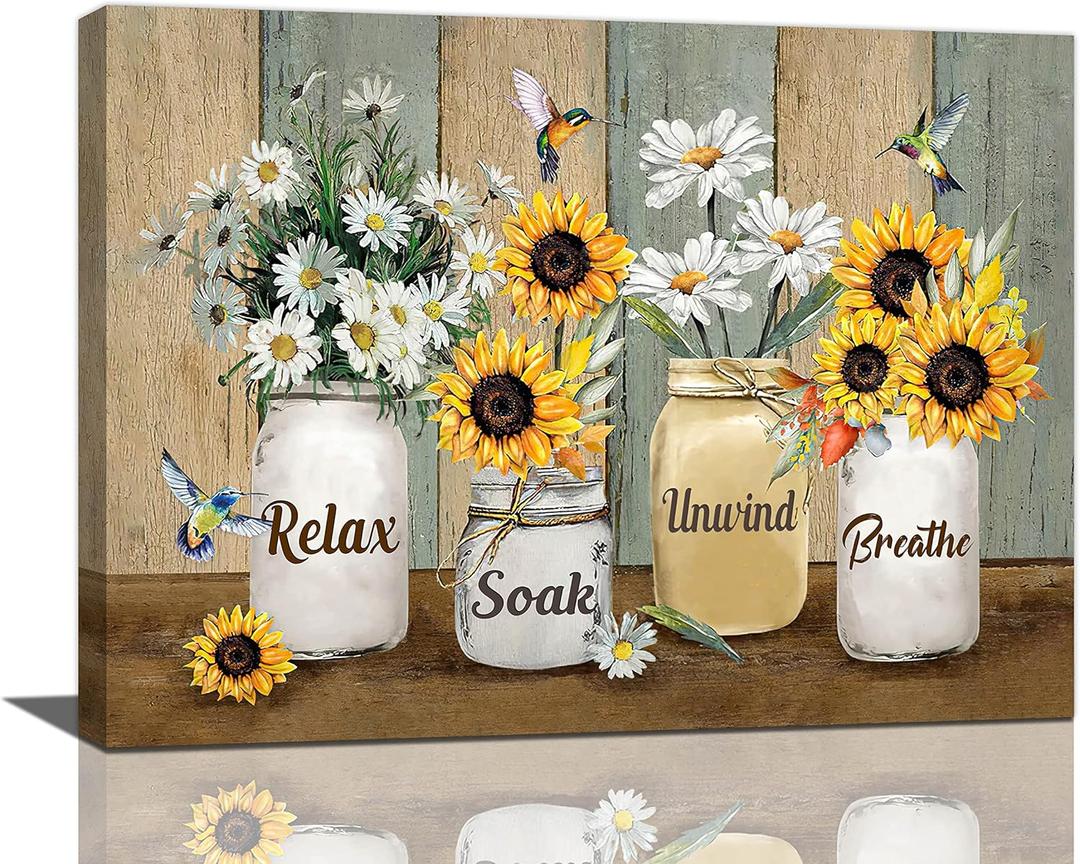 Farmhouse Sunflower Daisy Bathroom Decor Wall Art Rustic Hummingbird Yellow Floral Pictures Wall Decor Relax Soak Unwind Bathroom Sign Canvas Painting Prints Artwork Framed for Bedroom 20"x16"