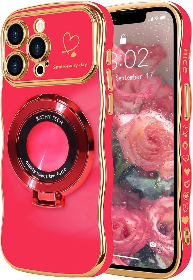 NITITOP Compatible with iPhone 13 Pro Max Case Magnetic Ring Stand [Compatible with MagSafe] Cute for Women Girl Plating Wave Curly Love Heart Camera Protection Girly Luxury Phone Cover - Rose Red (iPhone 13 Pro Max, Rose Red)