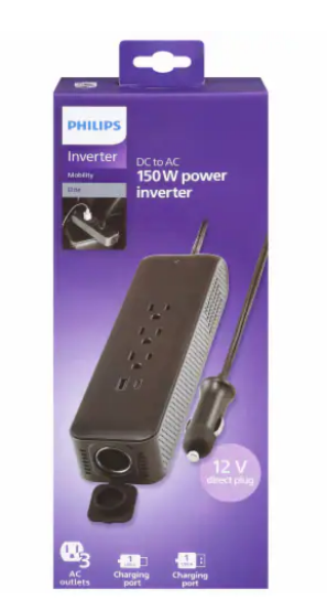 Philips Direct Plug Power Inverter 3 AC Outlets 1 USB-A 1 USB-C 150W, Black