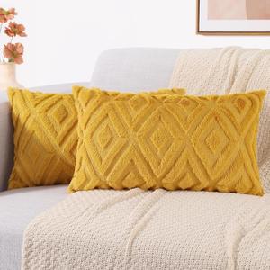 decorUhome Spring Couch Throw Pillow Covers 12x20 Set of 2, Decorative Soft Plush Faux Wool Lumbar Neutral Accent Pillow Covers for Bed Sofa Living Room, Mustard Yellow