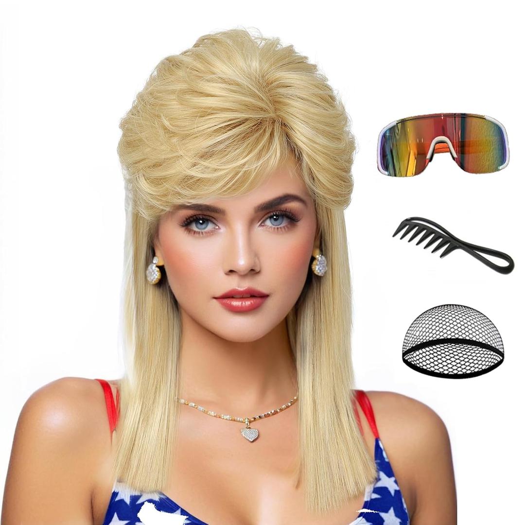 80s Blonde Wig for Women, High Top Fluffy Straight Long Hair with Bangs, Vintage Retro Rocker Costume Wig for Halloween Party Cosplay, with Wig Cap & Comb (Light Blonde)