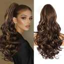 24 Inch Ponytail Extension, Clip on Ponytails for Women, Long Curly Wavy Ponytail Extensions for Women, Synthetic Layered Pony Tails Hair Extensions (Color: Brown with Blonde Highlights)