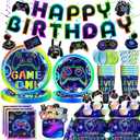 174 Pcs Gamer Birthday Party Decorations Tableware Set with 300gsm Plates and Napkins, Serves 25, 2 Tablecloths, Banner, Cake Toppers, for Boys Video Game Birthday Decorations, Multicolor