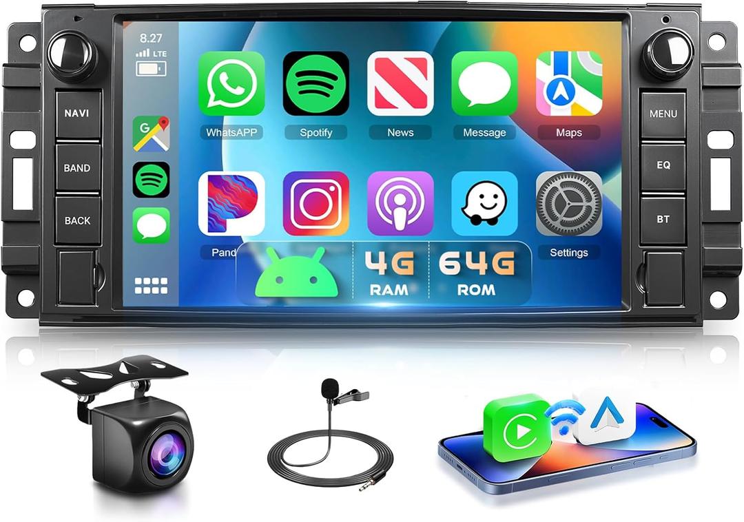 4G 64G Car Stereo for Jeep Wrangler JK Compass Patriot Dodge RAM 1500/2500 Radio, 7" IPS Touch Screen DSP Wireless Carplay Android Auto Bluetooth 5.0 Android 15 GPS FM/RDS WiFi Backup Camera
