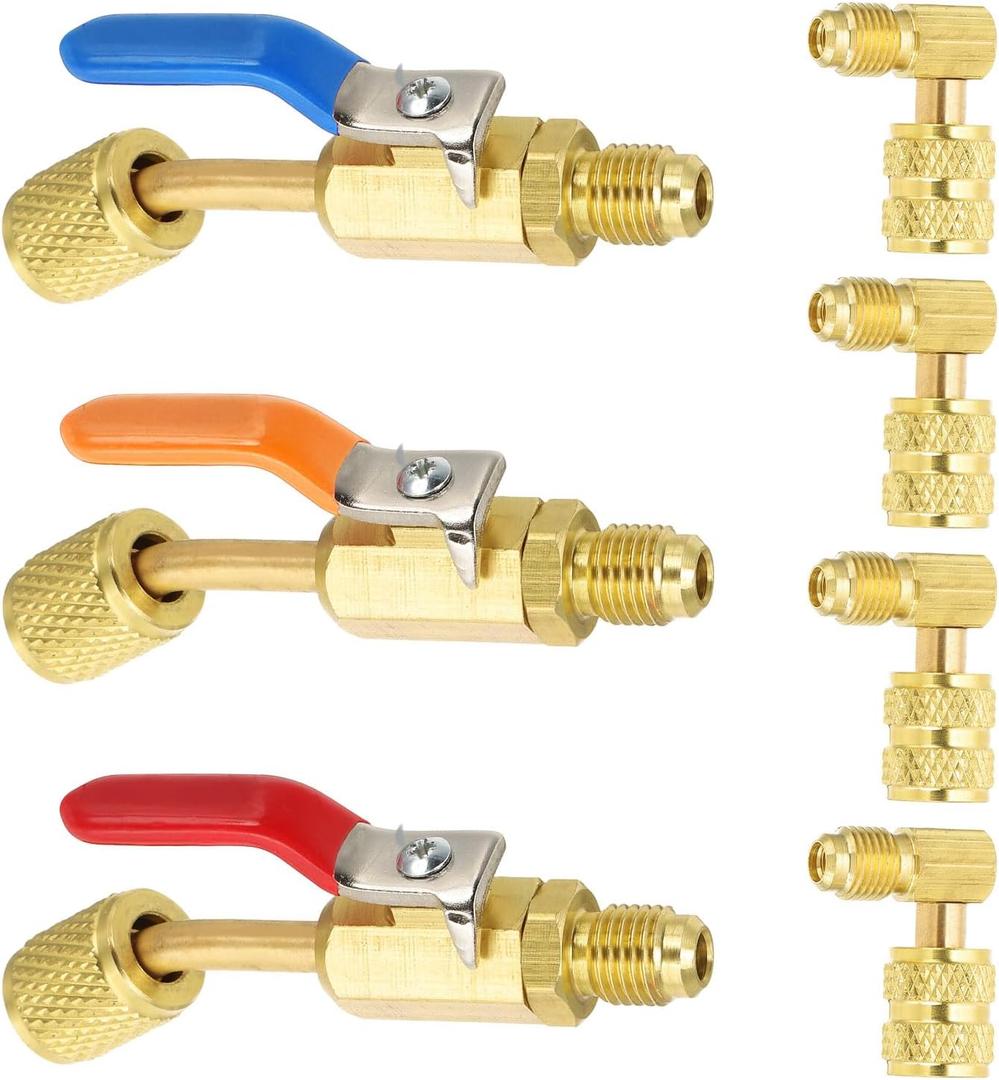 PATIKIL 3Pcs Air Conditioning Refrigerant Angled Compact Ball Valve 1/4 Inch SAE with 4Pcs Angle Converts Adapter for HVAC Charging Hoses AC Refrigerant Tools