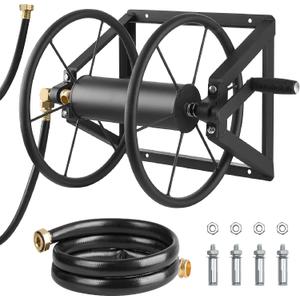 VEVOR Wall Mounted Garden Hose Reel, Holds 200 ft 5/8-inch Manual Water Hose Winder, Heavy-Duty Steel, Outdoor Reel with Brass Fitting & 5ft Leader Hose, Space Saving, for Yard Lawn Garage