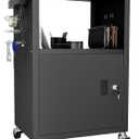 Mobile AV Cart with Push Handles, Heavy Duty Rolling Media Cart with Customized Pegboard & Hooks, Multipurpose Utility Cart with Extra Storage Space, 4 Outlets (Style 3 31.5Dx18Wx40H) Black