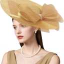 dressfan Wide Brim Fascinator Hats for Women,20s Linen Rhinestones Bow Big Hat for Derby Church Wedding Tea Party