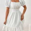 LIGHT DOT Women's Summer Short Dress Tie Back Milkmaid Dress Swiss Dot Puff Sleeve Square Neck Casual (White,S)