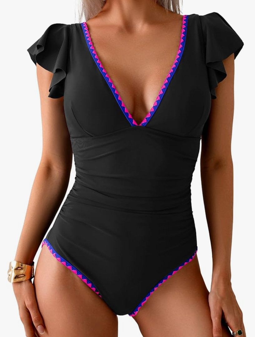 Women's One Piece Ruffle Swimsuit Tummy Control Bathing Suit V Neck Shell Stitched Swim Suit Slimming Swimwear, XL