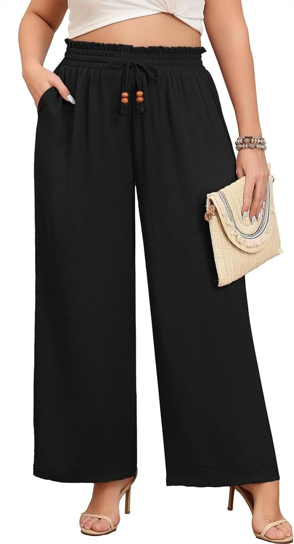 Lastshe Plus Size Wide Leg Pants for Women Elastic High Waisted Drawstring Loose Lounge Long Palazzo Trousers with Pockets (2X, 01 Black)