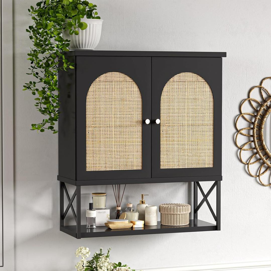 Rattan Bathroom Wall Cabinet, Boho Medicine Wall Cabinet with Double Doors and Adjustable Shelves, Tall Kitchen Wall Mounted Storage Cabinet, Floating Space Saver Over Toilet, Black, 10"D 23.62"W 26.77"H