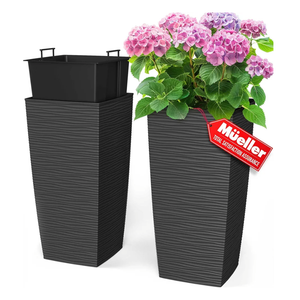 Mueller M-Resin Heavy Duty Tall Planters for Outdoor Plants, Indoor Grande Plant Pots, Boxes, Trees, Flower Pots, 2-Piece Set, 24”, Modern Design, Built-in Drainage, Front Porch Decor, Dark Gray