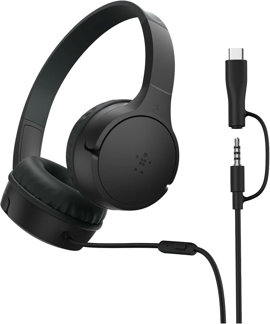 Belkin SoundForm Mini Kids Wired Headphones w/USB C to 3.5mm Dongle, Built-in Mic & Fun Stickers, 85dB Max Volume for Online Learning, Travel, Compatible w/iPhone 16, iPad, Galaxy S25, etc - Black