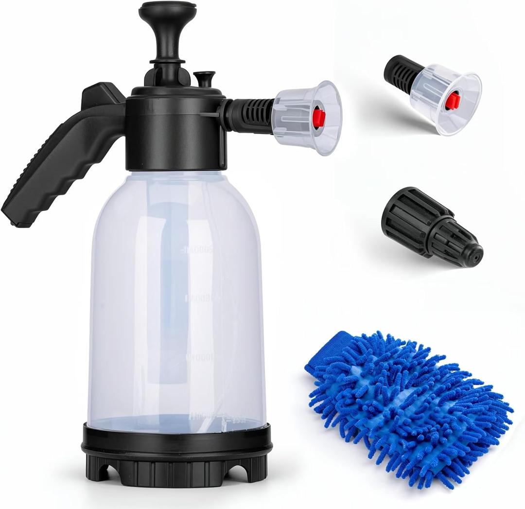 0.5 Gal Hand Pump Foam Sprayer, 68 oz Car Wash Foam Sprayer, Foaming Pump Sprayer with Two Adjustable Nozzles, Microfiber Wash Mitt, Ideal for Home Cleaning, Car Detailing, Garden Watering