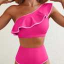 Herseas Women's One Shoulder Bikini Sets Color Block Trim Ruffle Hem Swimsuits Elegant Bathing Suits (Pink, M)
