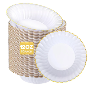 50 Pack Plastic Soup Bowls with Gold Rim, 12oz Disposable Dessert Soup Bowls with Wavy Edge for Birthday, Party, Wedding, Dinners, Catering and Everyday Use