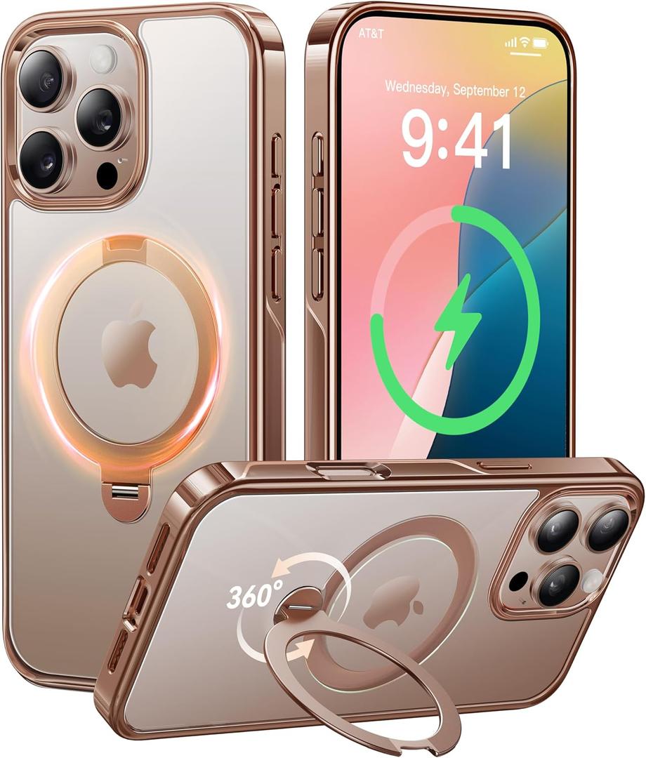 CASEKOO Desert Titanium for iPhone 16 Pro Case with 360 Spin Magnetic Stand [Compatible with Magsafe][16FT Military Protection] Polished Clear for iPhone 16 Pro Case Ring Kickstand 6.3'', Rose Gold (for iPhone 16 Pro 6.3'', Gold)