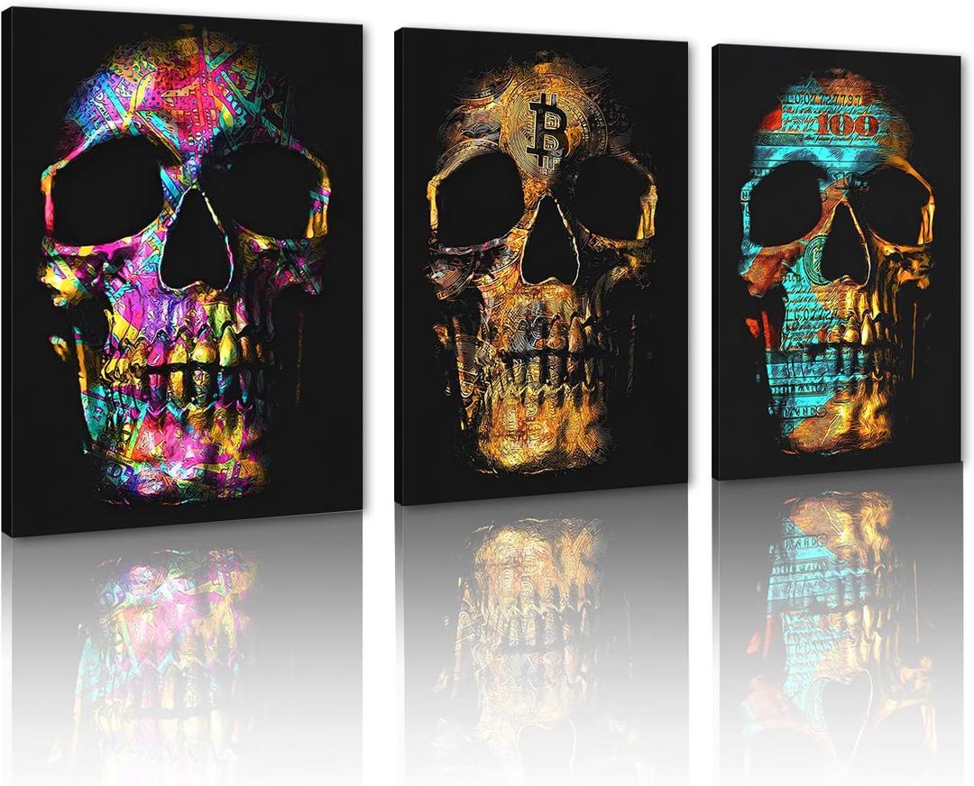 MAMAGO 3 Piece Skull Wall Art Canvas Sugar Skull Cryptocurrency to Cash Painting Gothic Theme Skeleton Pictures Prints for Living Room Bedroom Decoration Framed Ready to Hang - 20x28inchx3Pcs (Style_02)