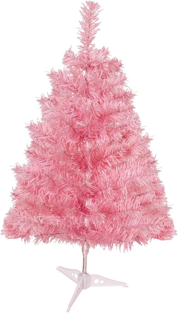 2ft Pink Artificial Christmas Tree,Mini Tabletop Xmas Pine Tree with 80 Branch Tips and Plastic Stand for Indoor and Outdoor Decoration