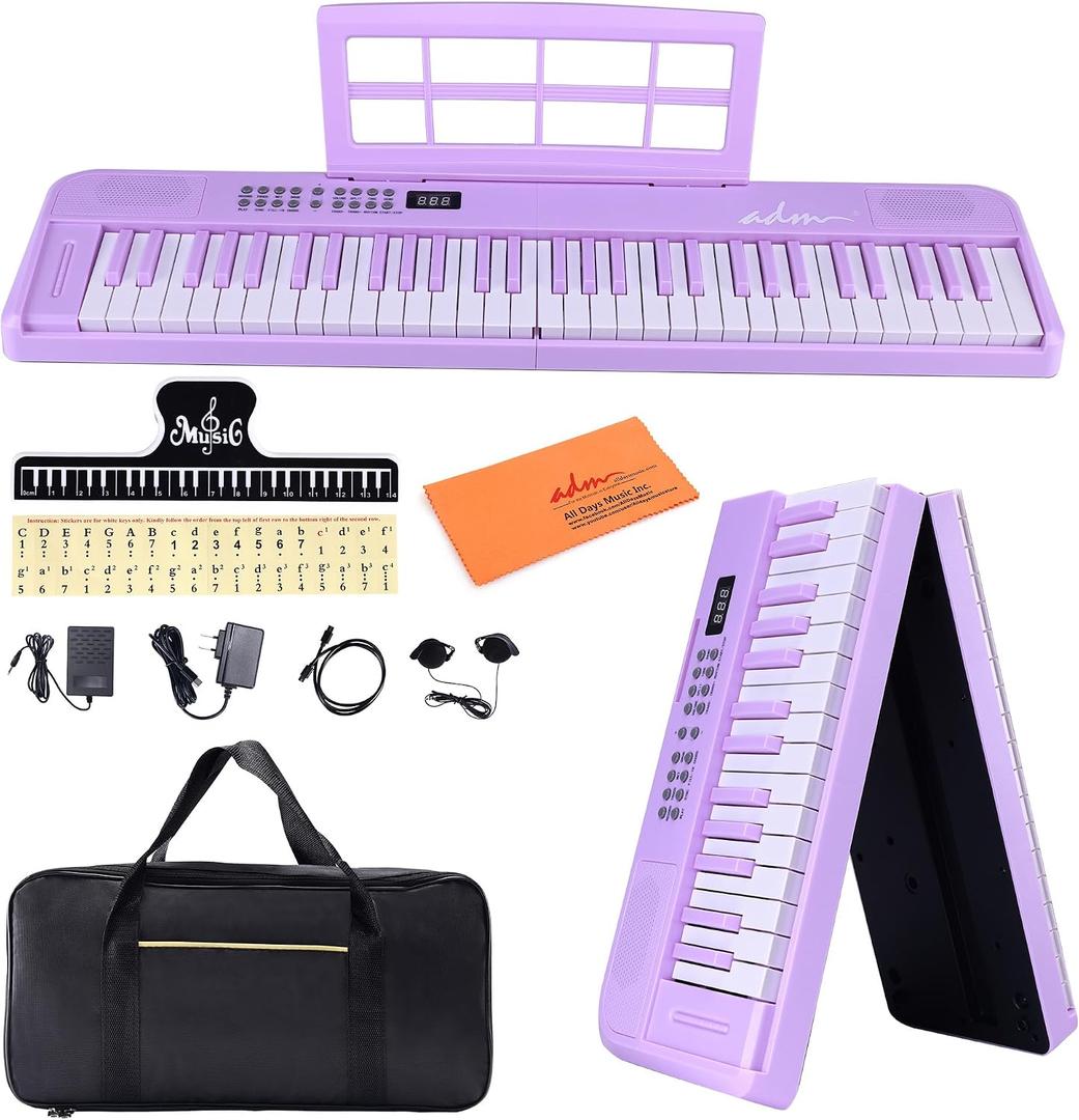 ADM 61 Key Folding Electric Piano Keyboard, Foldable Electronic Keyboard, Wireless 128 Tones, 128 Rhythms Includes Pedal, Gig Bag, Headphones for Beginners, Students, Teenagers, Adults, Purple