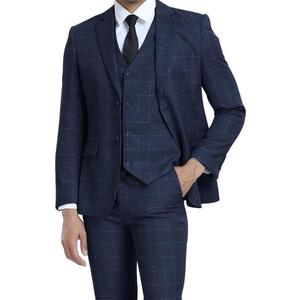Men's Suits 3 Piece Slim Fit Dress Tuxedo for Men Two Button Solid Jacket Vest Pants Set (XX-Large, Plaid-navy)