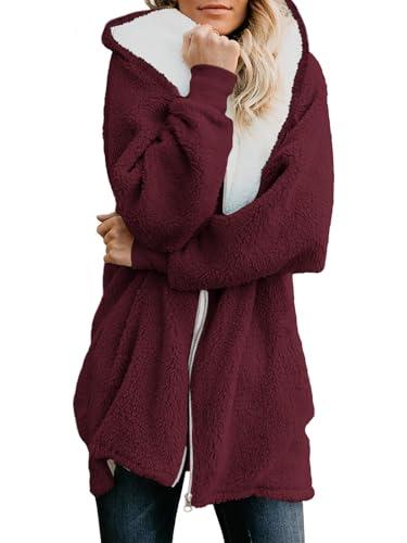 Yanekop Womens Oversized Sherpa Jacket Fuzzy Fleece Zip Up Jacket Warm Winter Coats Faux Fur Coat with Pockets(B Burgundy,L)