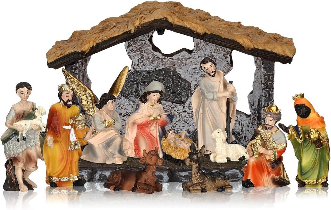 Geetery Cartoon Christmas Nativity Set Includes Manger and Figurines Rustic Resin Xmas Colorful Nativity Scene Religious Table Figurines Decorations for Christian Tabletop Home Decor (Simple)