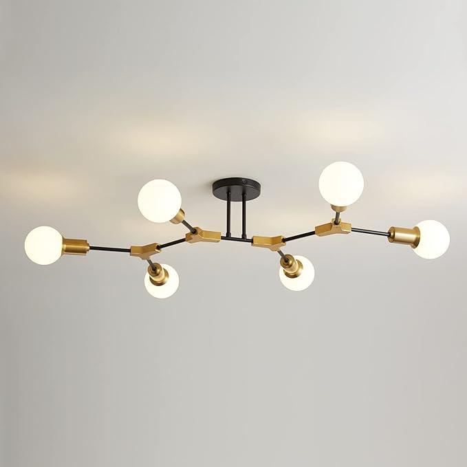Modern Sputnik Light Fixture 6-Lights Chandelier Black and Gold Chandelier Metal Semi Flush Mount Mid Century Ceiling Light for Bedroom Living Room Kitchen - E26 Socket