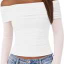BTFBM Women's Long Sleeve Shirts 2025 Fall Crop Going Out Tops Mesh Ruched Casual Off Shoulder Blouses Y2K Clothes (White, XL)