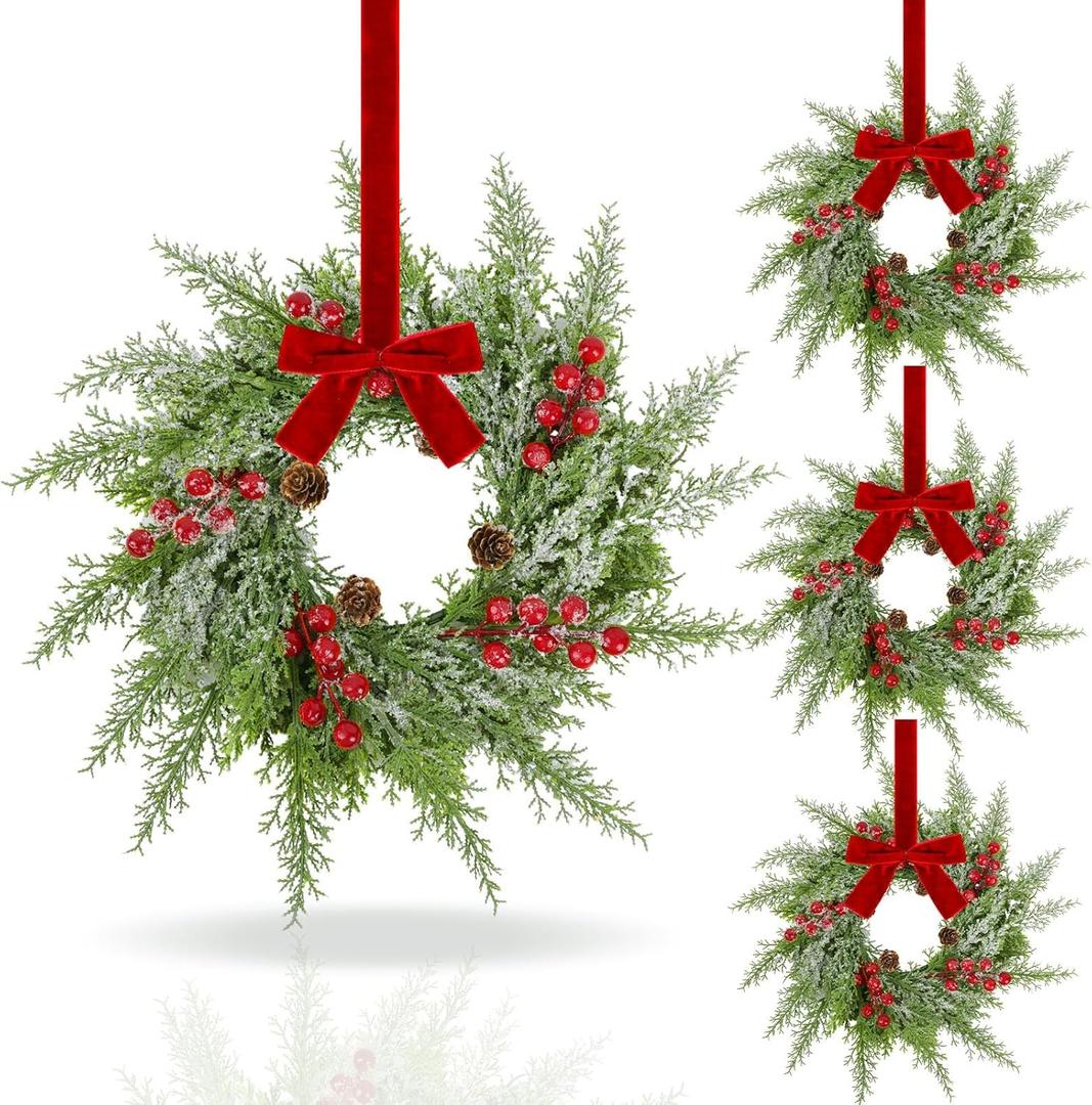 4 Pcs Mini Christmas Cabinets Wreath for Kitchen Small Christmas Ceder Candle Rings Wreaths Artificial Norfolk Pine Red Berry Garland Hanging Ornament Farmhouse Wreath for Holiday Xmas Party Decor