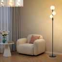 Fiqevs Upgraded Dimmable 3 Globe Mid Century Modern Floor Lamp, 3 x 3000K Warm Light LED Bulbs Included, Matt Black Standing Lamp with Sphere Glass Shade, Vintage Tall Lamp for Living Room, Bedroom