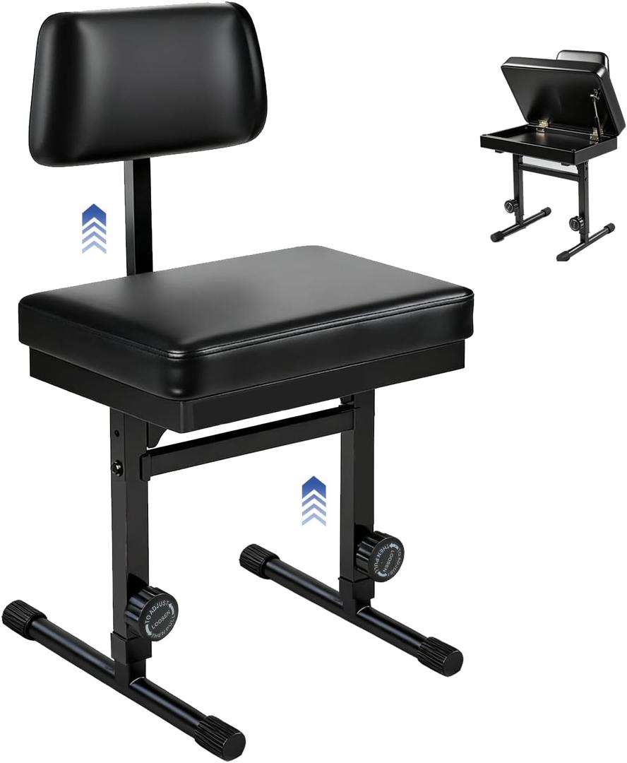 MXQMKL Adjustable Piano Bench with Storage,Guitar Stool with Back Support Music Keyboard Bench with Black Cushion Adjustable Height for Keyboard Stand for Musicians Piano Stool Playing Chair