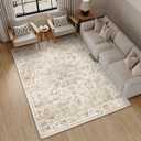 5x8 Washable Neutral Area Rug Beige Vintage Living Room Bedroom Carpet Non-Slip Soft Low Pile Farmhouse Indoor Throw Rug for Dining Room Entryway Office