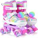 SULIFEEL Rainbow Tie-Dye Adjustable Roller Skates for Girls Kids Pink Purple Light Up Skate with Fluffy Pom Poms Triple Protection for Indoor Outdoor Skating (Small - Little Kid)