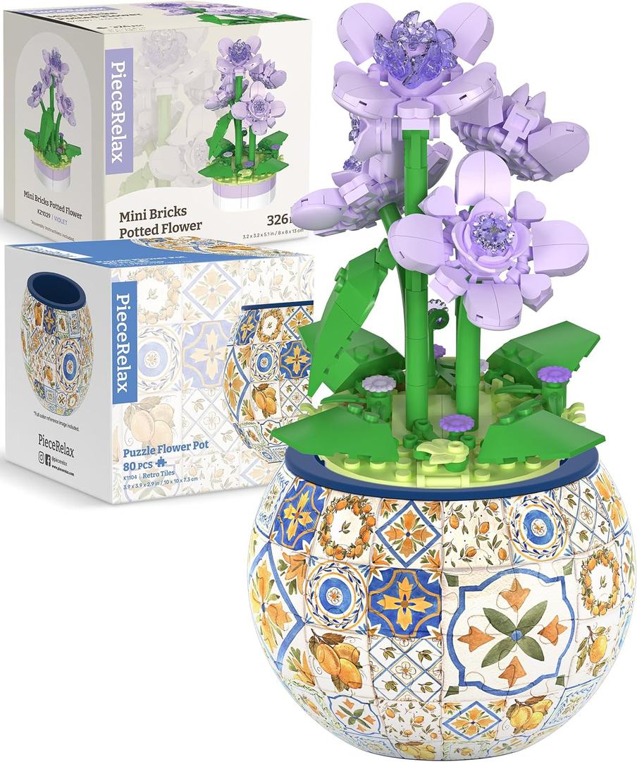 PieceRelax Puzzle Planter and Flower Decoration Building Set - Singing Birds and Flowers with Lotus (3D Puzzle Planter with Flower Bouquet Building Decoration Set) [K1104+KZ1029]