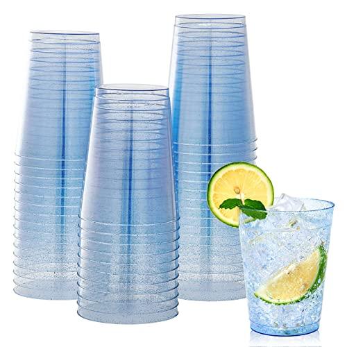 JOLLY CHEF 100 Pack 10 oz Blue Plastic Cups, Blue Disposable Tumblers, Elegant Glitter Party Drinking Cups for Wedding, Thanksgiving Day, Christmas Halloween