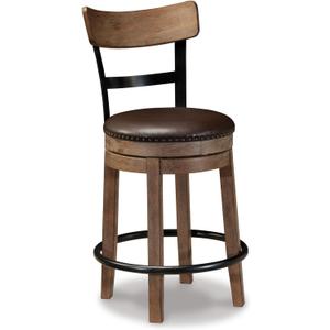 Signature Design by Ashley Pinnadel Bar Stool, Swivel Counter Height Stool Chair With Faux Leather Seat, Wood and Metal Frame for Kitchen Island With Seating, Light Brown