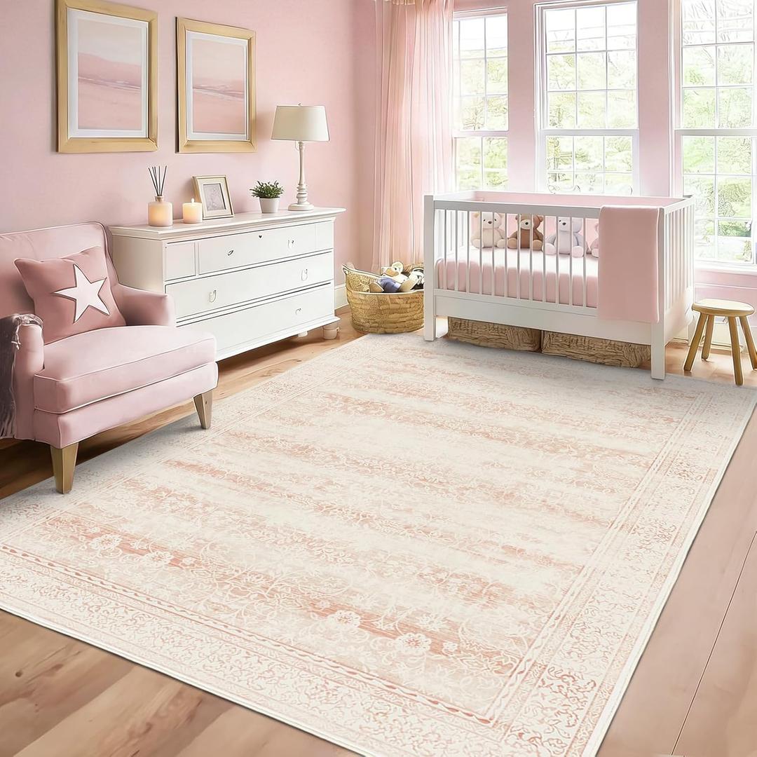 LAISE 5x7 Pink Area Rugs for Nursery, Washable Ultra Soft Rug for Baby Girl,Cute Low Pile Carpets for Living Room, Kids Playroom,Bedroom,Dorm,Dining Room,Powder Room (Pink 5x7)