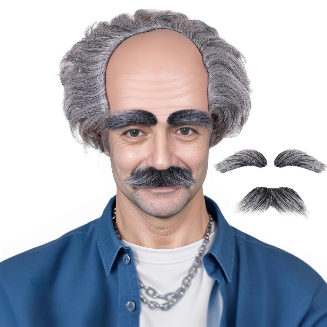 Old Man Bald Cap Grey Wig With Hair On Sides Balding Wig Grandpa Halloween Cosplay Costume Wig