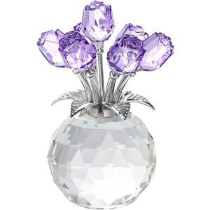 YWHL Handmade Crystal Purple Rose Flower Figurine with Round Vase, Rose Gifts for Girlfriend Wife Sister, Romantic Gifts for Mom on Anniversary Mother's Day Birthday, Wedding Home Decorations