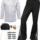 6 Pcs Mens 70s Disco Outfits Retro Halloween Couples Costume with Bell Bottom Pants, M
